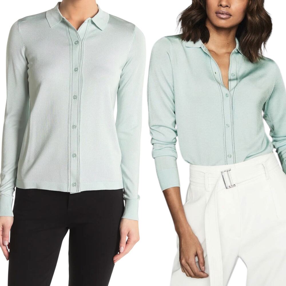Reiss Size L‎ Ida Long Sleeve Fine Knit Shirt Light Blue Minimalist Layering NWT